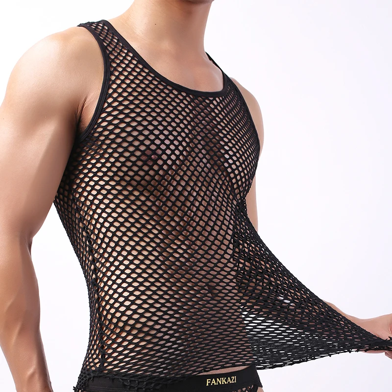 Men Summer Mesh Tank Tops Sexy Club See-through Fishnet Slim Fit Sleeveless Shirts Vest Male Gym Muscle Tanks Sheer Tee Costumes