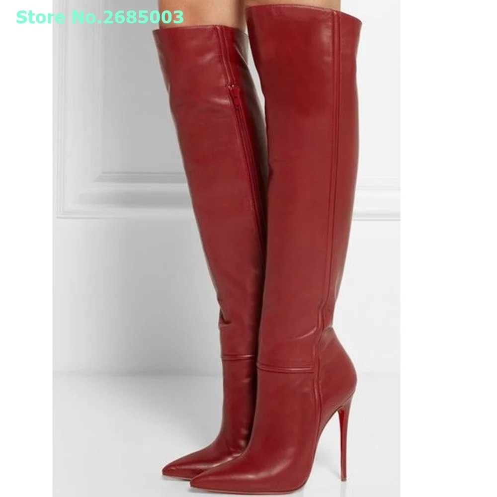 Pure Red Leather Boots Pointy Toe Solid Long Shoes Stiletto Heels Over The Knee Designer Banquet Boots Autumn Winter Matte Shoes