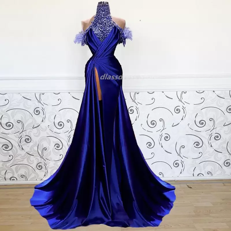 Gola alta Vestido de Baile 2022 Azul Royal Beads Slit Arábia Árabe vestidos de Noite Vestidos de Festa Robe De Soirée Femme فساتين السهرة Custom Made