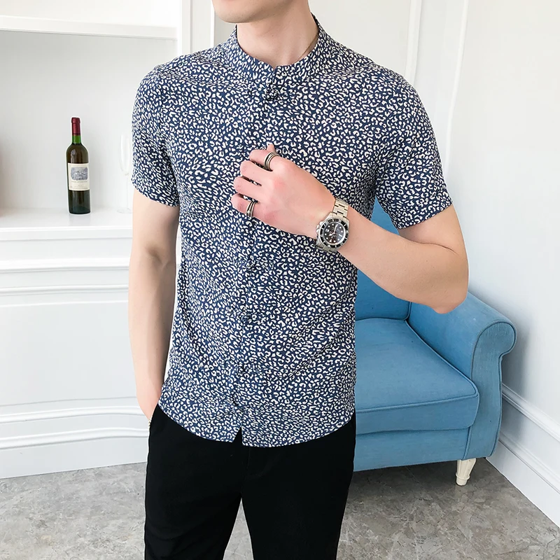 Quality Summer High Fashion Chinese Style Plate Button Printing Short Sleeve Shirt Slim Fit Shirt Men Clothes Camisa Masculina