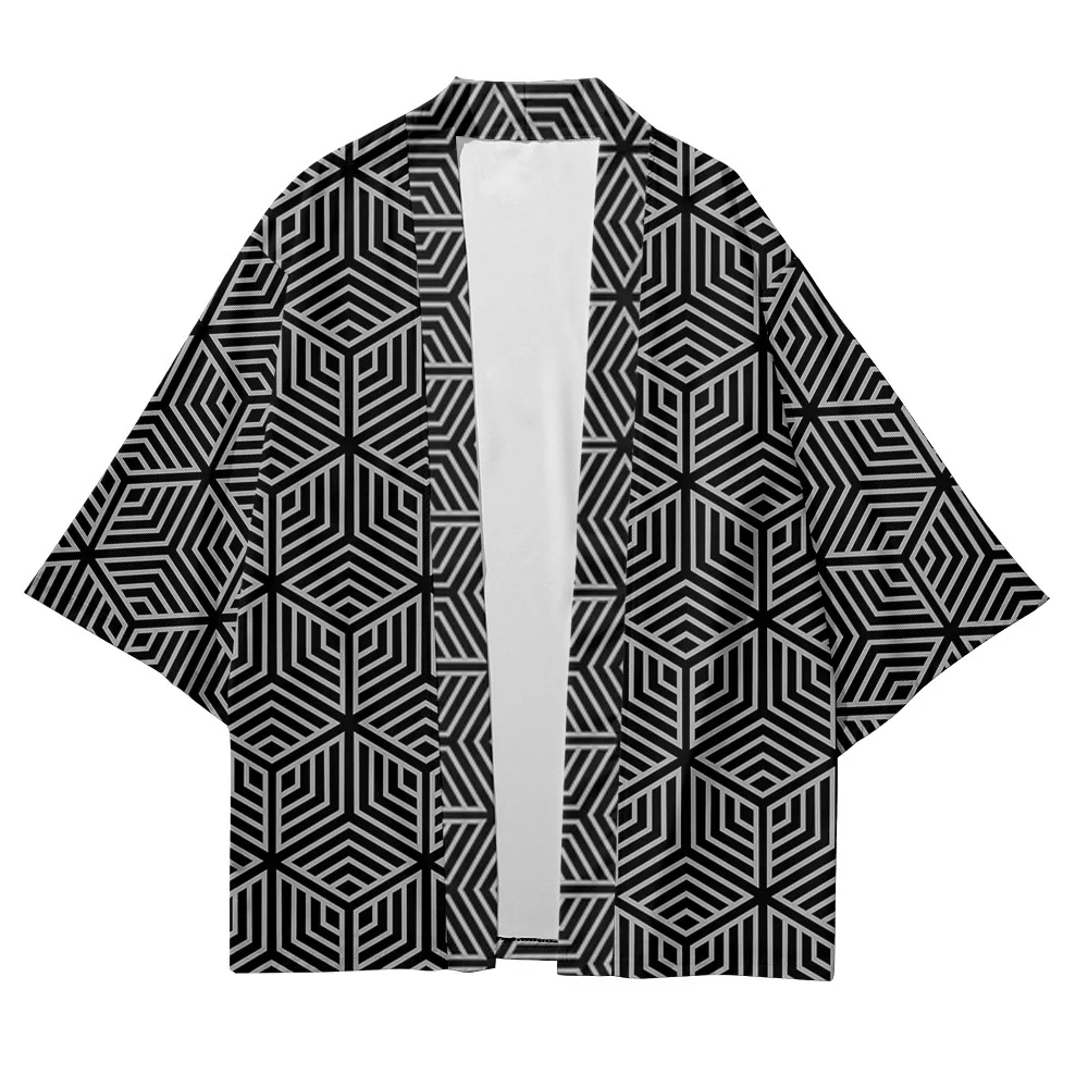 Streetwear mężczyźni kobiety sweter Haori Yukata topy szata ubrania Plus rozmiar moda geometryczne wzory plaża styl japoński Kimono