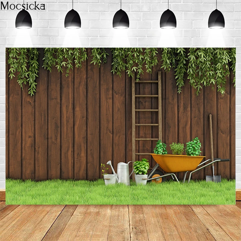 Mocsicka Spring Photography Background Garden Lawn Watering Kettle Decoration Props Child Portrait Photo Backdrop Banner