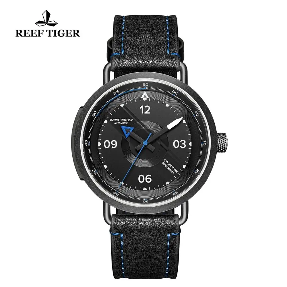 Reef Tiger/RT nuevo reloj mecánico Simple para hombre correa de cuero PVD relojes militares impermeables relojes automáticos