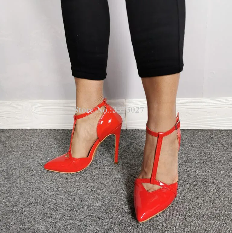 

Red Patent Leather T-strap Stiletto Heel Pumps Lady Fashion Pointed Toe Ankle Buckle Single Shoes Women Real Photos High Heels