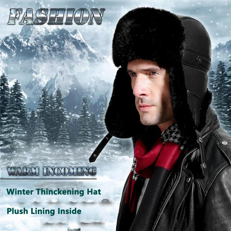 

Men Winter Autumn Windproof Hat Russian Male Mens Warm Fur Bomber Hats Solid Thicken Earflap Caps Leifeng Solid Snow Hats Warmer