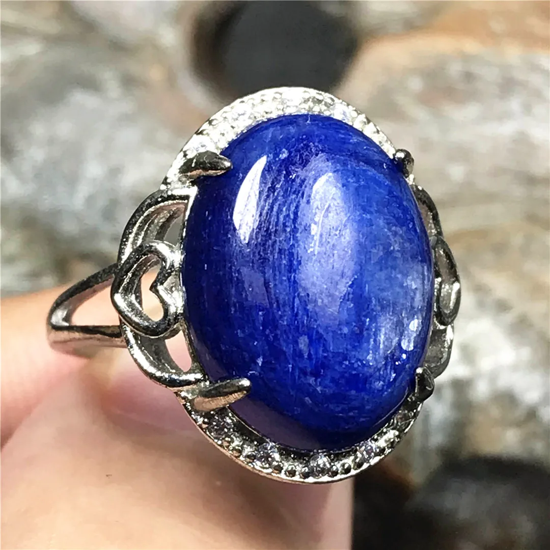 Natural Blue Kyanite Stone Ring Jewelry For Women Lady Men Reiki Gift Cat Eye Crystal 16x12mm Beads Silver Adjustable Ring AAAAA