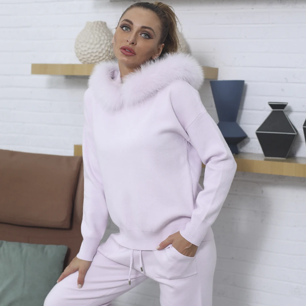 JANEFUR-Terno casual de malha para mulheres, capuz solto com gola de pele real, conjunto lounge sólido, roupas de outono, moda, 2023