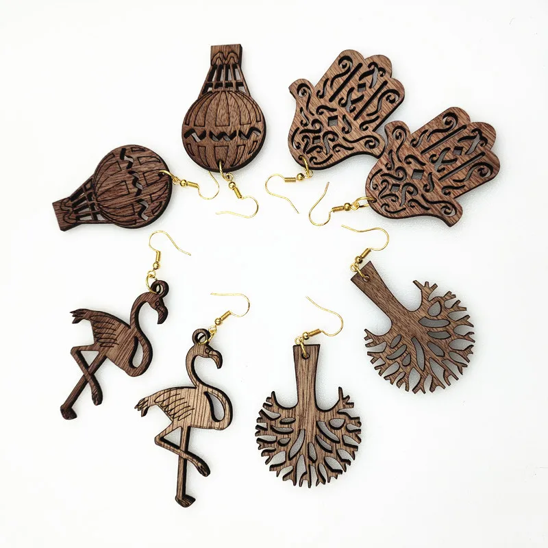 New Fashion Brown Life Tree Drop Earrings Cute Hollow Wood Flamingos Balloon Palm Drop Earrings Special Friendly Wooden Jewelry