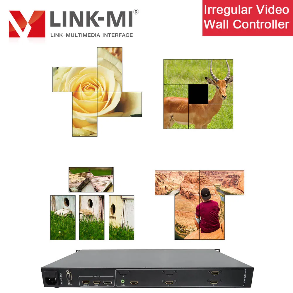 

LINK-MI 4K Irregular Video Wall Controller for 4 Displays HDMI+DP Input 2X2 1X4 4X1 Horizontal Vertical Screen Rotation