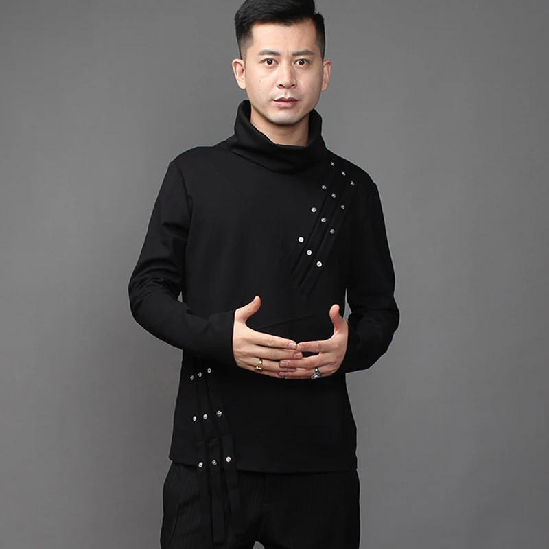 

Autumn tide dark brand personality irregular stitching Lapel long-sleeved t-shirt men's Korean version of high-necked undershirt