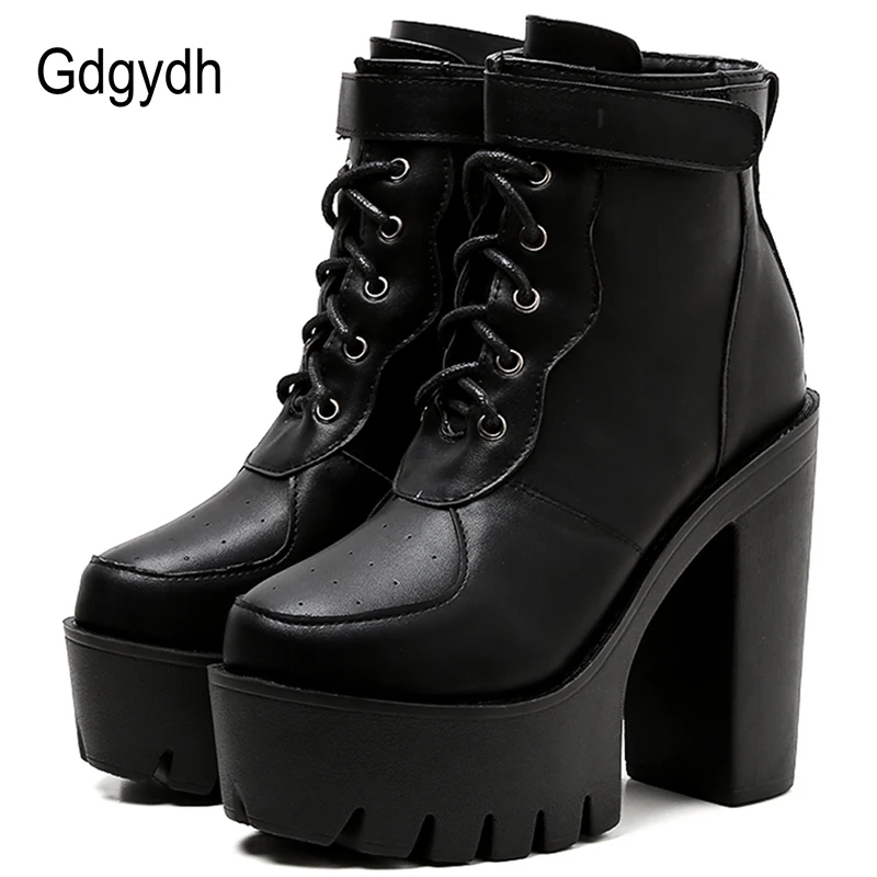 Gdgydh Women Platform Boots Adjustable Buckle Lace up Black Lug Sole Ankle Boots Block Heels Leather Nightclub Comfort