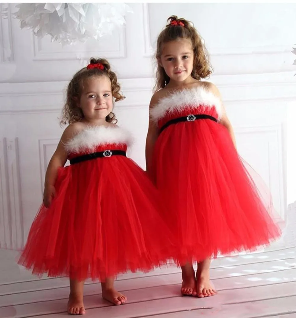 

Cute Feather Red Flower Girl Dresses for Weddings Ball Gown Christmas Dress for Baby Kids Pageant Dress for communion dresses