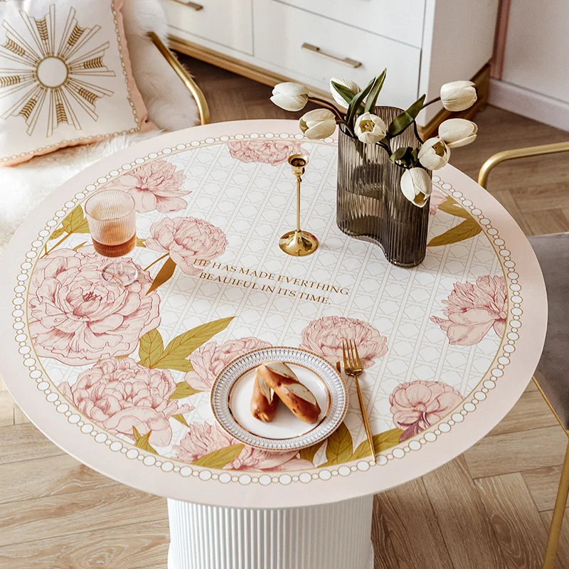 Flower American Light Luxury Round Leather Table Mat Round Tablecloth Waterproof Oil-proof Wash-free And Anti-scalding Household