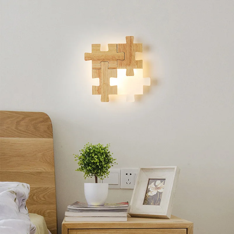 

Nordic Bedside Aisle LED Wall Lamp Combination Puzzle Personality Creative Solid Wood Bedroom Room Ultra-thin Log Bedside Lamp