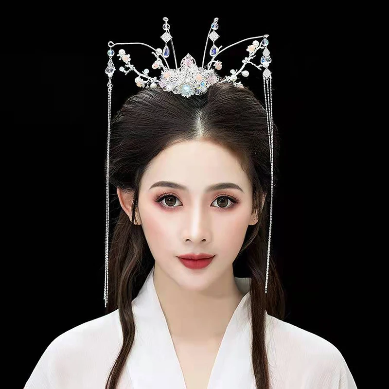 Silver Color Hanfu Headdress Ethnic Style Hairpin Flower Tassel Fringe Jewelry Comb Hair Accessories for Women Girl