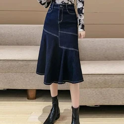 FairyShely Korean Denim Trumpet Skirts Women 2025 A Line High Waist Jeans Mid Skirt Mermaid Blue Flare Solid Long Skirt