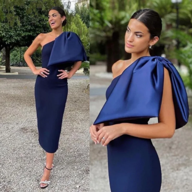 Navy Blue Satin Formal Evening Dress With Big Bowknot One Shoulder Tea Length Prom Party Gown Custom Robe De Soiree Vestidos