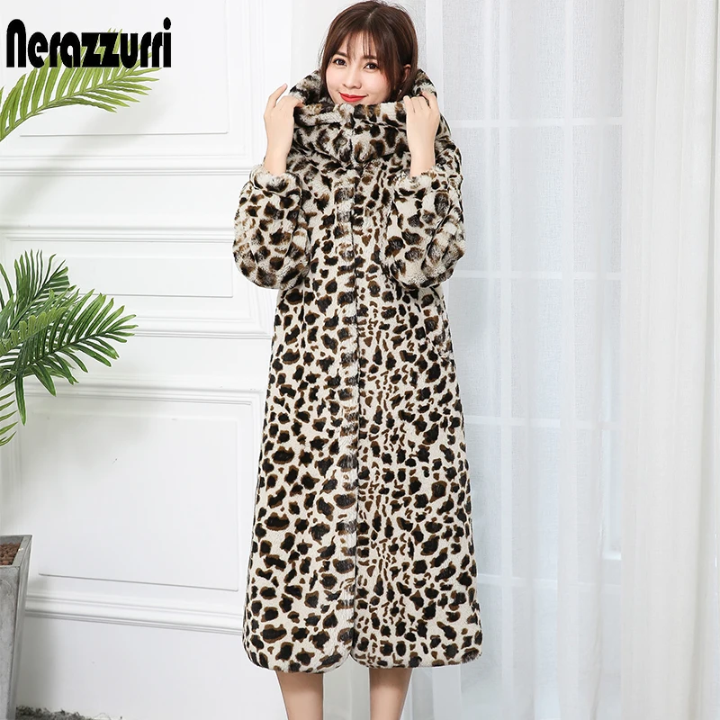 Nerazzurri High Quality Long Warm Thickened Leopard Print Faux Fur Coat Women with Big Hood Winter Fluffy Luxury Korean Fashion