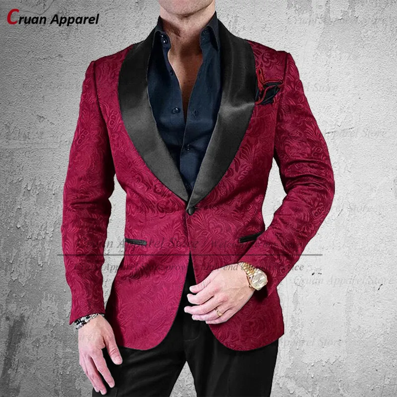 

Tailored Elegant Jacquard Wedding Suits for Men Prom Slim Fit Fashion Best Man Groom Tuxedo Set Burgundy Jacket with Pants 2Pcs