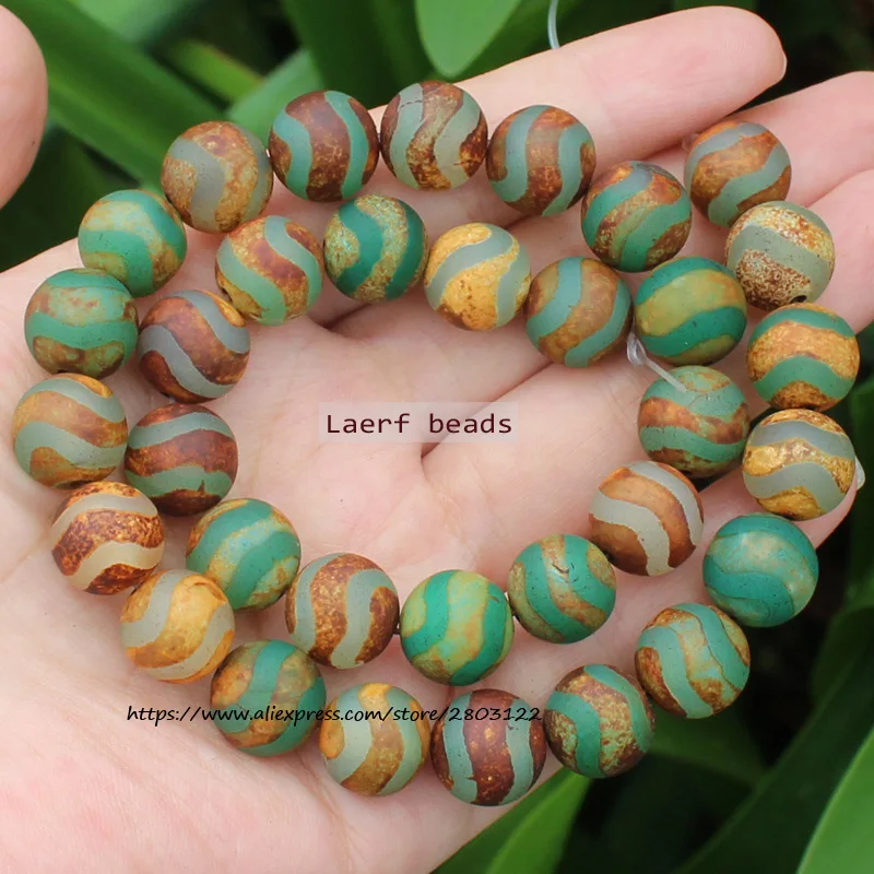 Natural Dzi Agate WaterWave pattern Ancient Brown/Green Round space beads, For DIY Necklace Bracelet Jewelry Making !