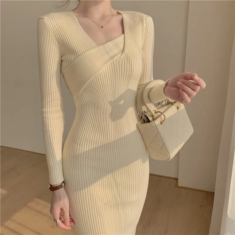 Vintage Knitted Dress Women Autumn 2021 Long Sleeve Sweater Elegant Party Dress Office Lady Slim Female One-Piece Dress Korean