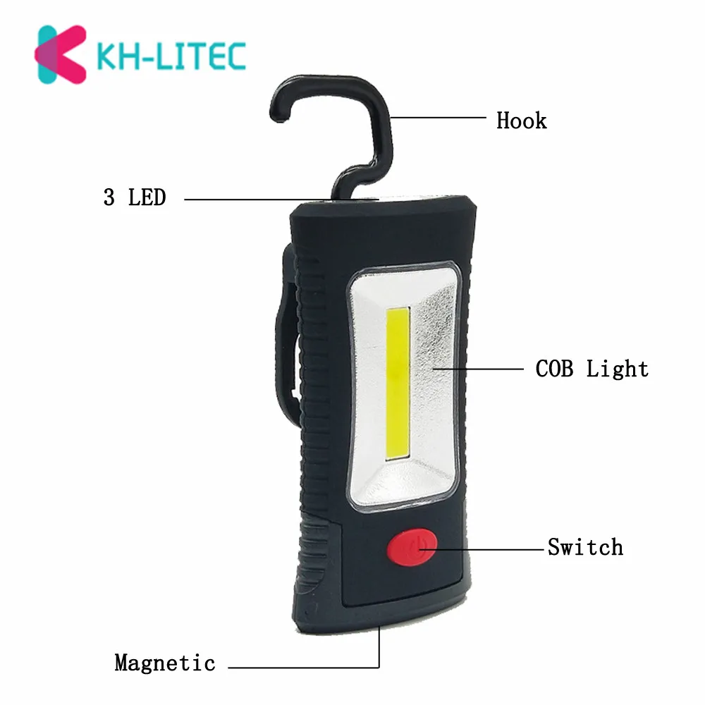 KHLITEC-linterna LED COB portátil multifuncional, gancho plegable magnético, luz de inspección de trabajo, linterna, lámpara de uso 3x AAA