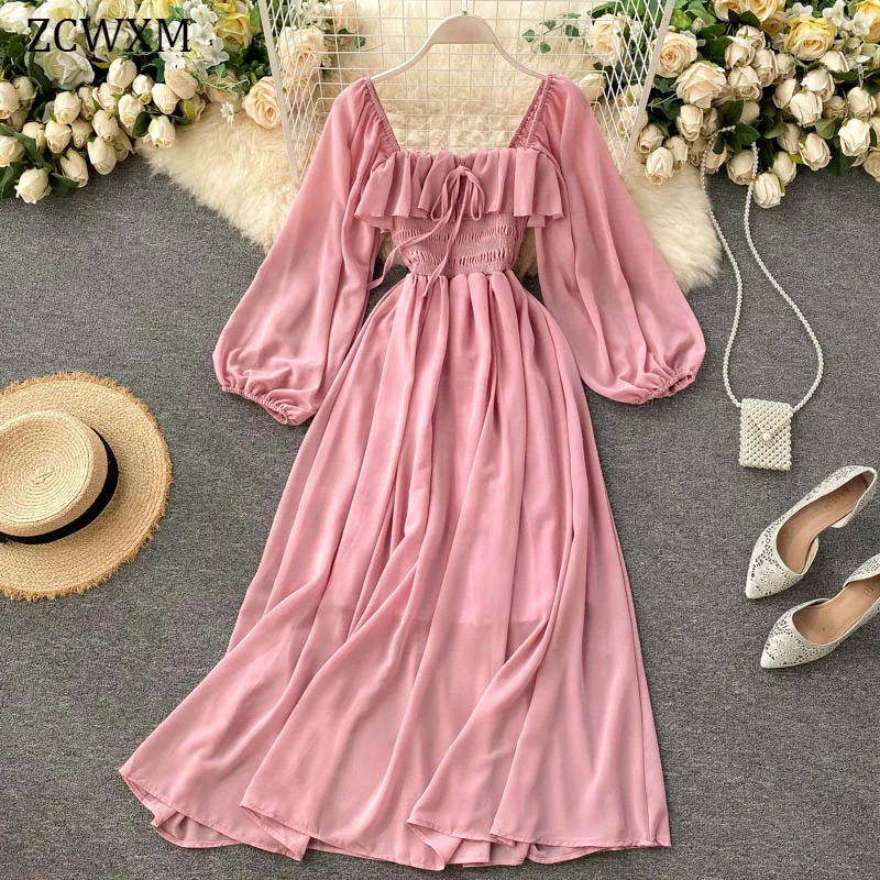 Women\'s Elegant Three Quarter Square Collar Off Shoulder Smocked Elastic Waist Pink Chiffon Dress, Spring Holiday Dresses, 2022