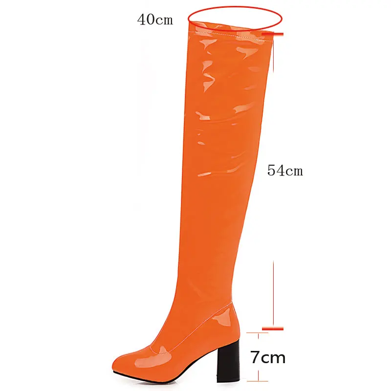 Sgesvier Fashion Over the Knee Boots Women Orange Red Yellow Green Thigh High Boots Square High Heels Party Shoes Lady Plus Size