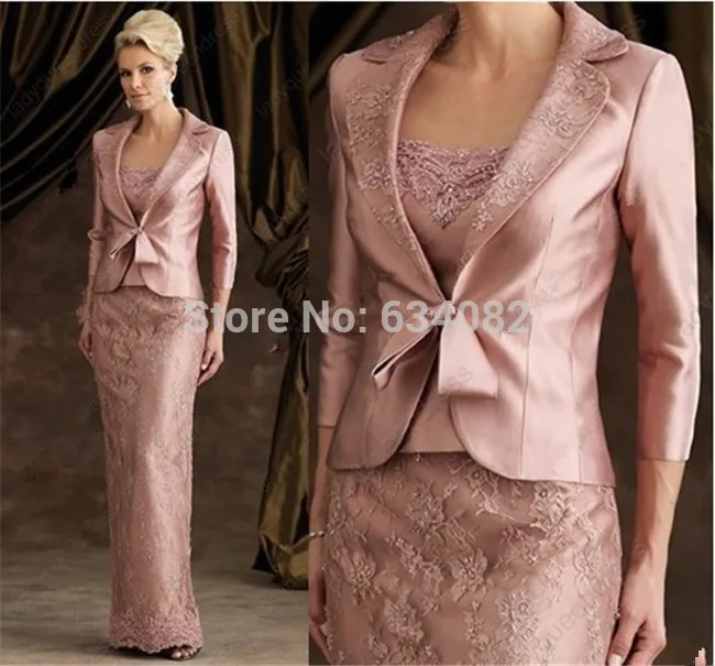 

2025 Elegent Sheath Floor-Length Pink Lace Stain Long Sleeve Mother Of The Bride Dresses With Jacket Mother Of The Groom Dresses