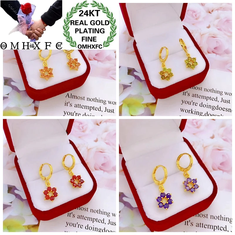 OMHXFC Wholesale YM75 European Fashion Hot Fine Woman Girl Party Birthday Wedding Gift Flower AAA Zircon 24KT Gold Drop Earrings