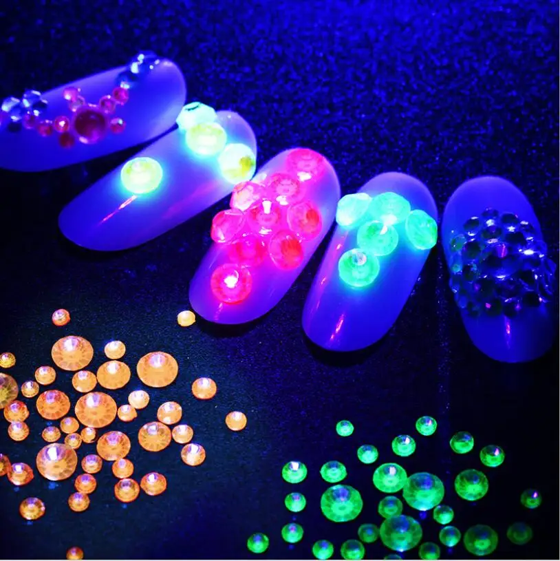 ss6-ss20 Mixed Size Luminous Neon Non Hotfix Rhinestone Flatback Fluorescent Rhinestones Crystal Glue On Flash 3D Nails Art