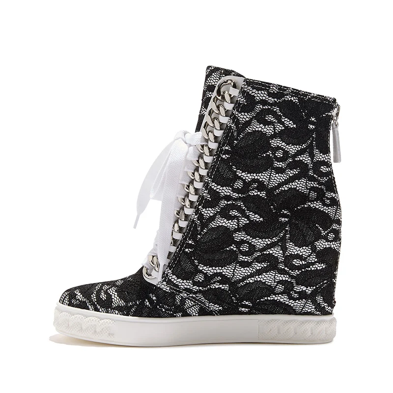 fashion woman black floral lace with silver chains ankle boots 8 cm height increasing high top inner wedge heels sneaker