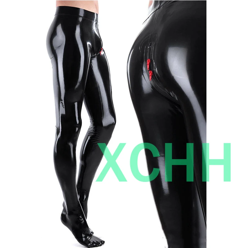 

Black Men's Latex Trouser Shiny Ruuber Pants Legging 3D Crotch wit 2 way Crotch Zip