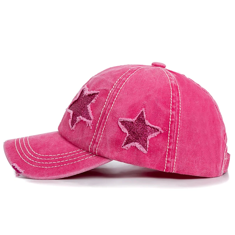 New Fashion Women Ponytail Cap Sequins 5-Point Star Hole Design Baseball Cap Female Washed Cotton Streetwear Hats