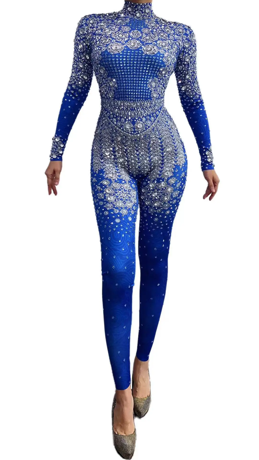 Vintage Blue Silver Rhinestones Jumpsuit ผู้หญิงวันเกิดฉลองชุดราตรีนักร้อง Rompers ไนท์คลับบาร์เวทีสวมใส่