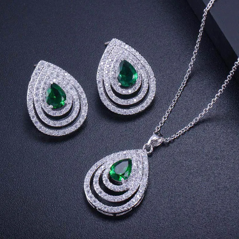 

ThreeGraces Famous Brand Austrian Green Zircon Crystal Big Tear Drop Stud Earrings Necklace Jewelry Set For Women Party JS068