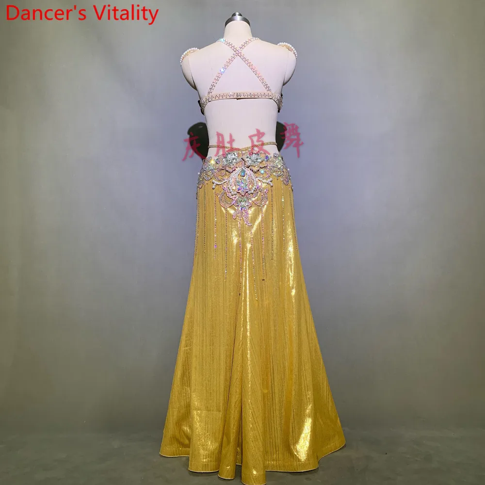 Women Belly Dance Competition Outfits Customized Slap-up Diamond Bra Skirt Belt Oriental Indian Drum Dancing Performance Costume