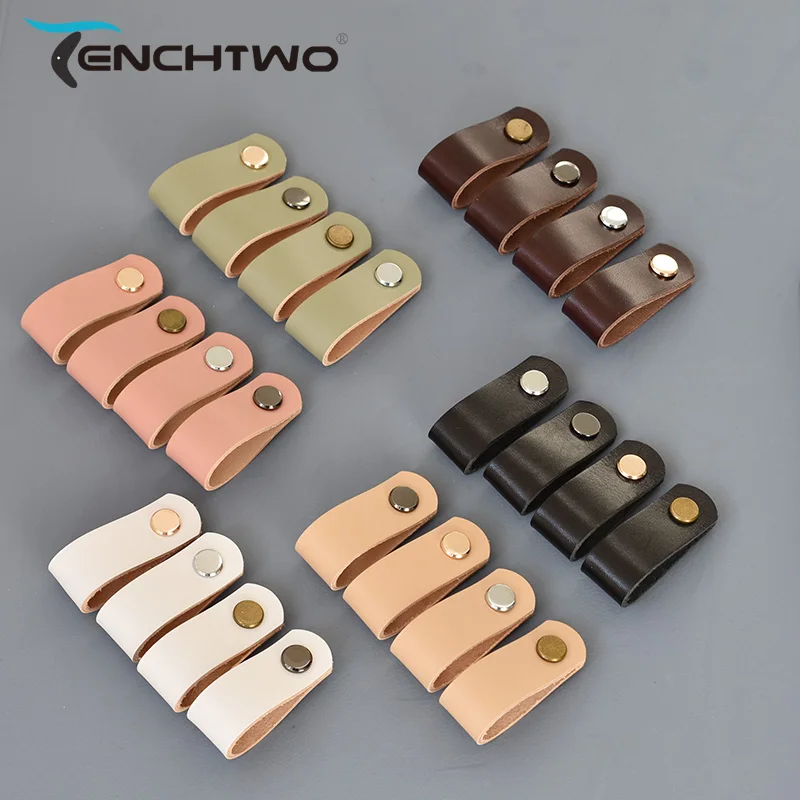 TENCHTW Cowhide Leather Cabinet Handles Furniture Dresser Wardrobe Kitchen Knobs Drawer Door Pulls Genuine Leather Black Vintage