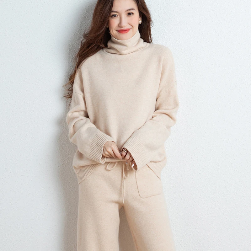 2023 autumn and winter new cashmere suit female turtleneck sweater two-piece fashion loose knitted  pure wool wide leg pants