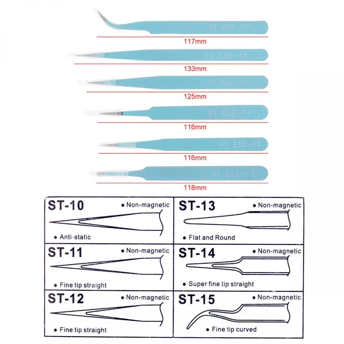 6-teiliges elektronisches Präzisionspinzetten-Set, 116–133 mm, antistatisches ESD-Pinzetten-Set aus Edelstahl für Handwerk, Schmuck, Labor