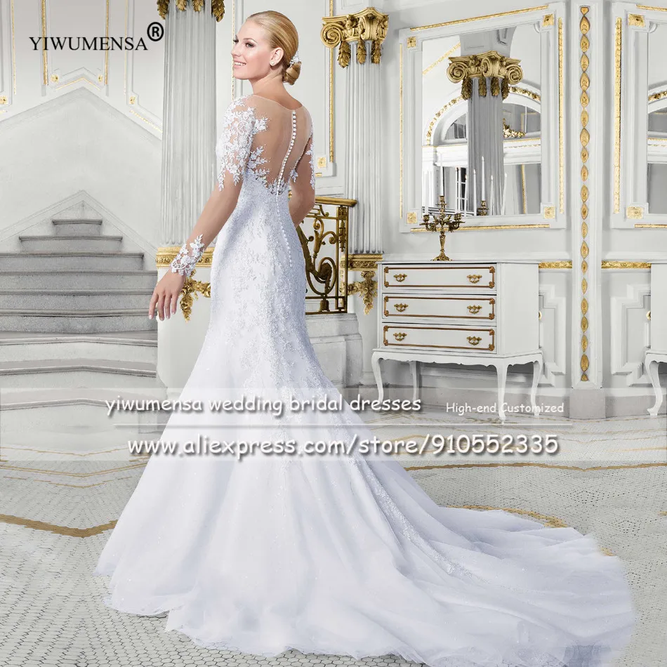 YIWUMENSA Luxury O Neck Long Sleeves Nude Tulle Trumpet Bridal Gowns Robe De Mariee 2021 Lace Appliques Mermaid Wedding Dresses