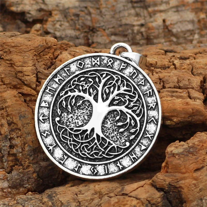 Nordic Vintage Tree of Life Round Pendant Viking Rune Necklace Antique Bronze Silver Color Men Women Jewelry Gifts Dropshipping