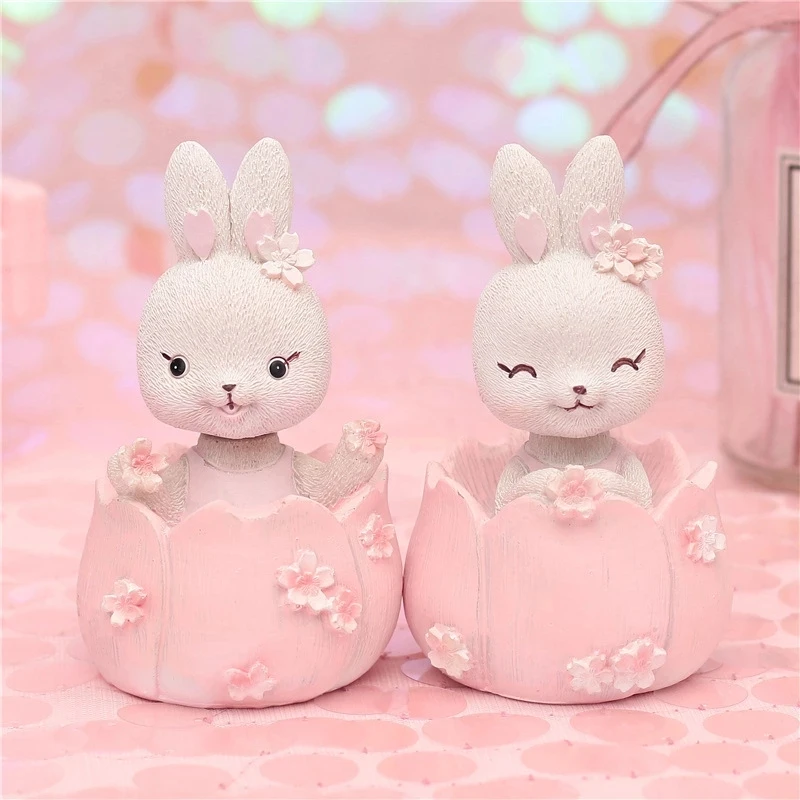 Cute Rabbit Cartoon Pink Bunny LED Figure Figurine Money Box Resin Music Box Luxury New Year Birthday Gift Home Decor Piggy Bank