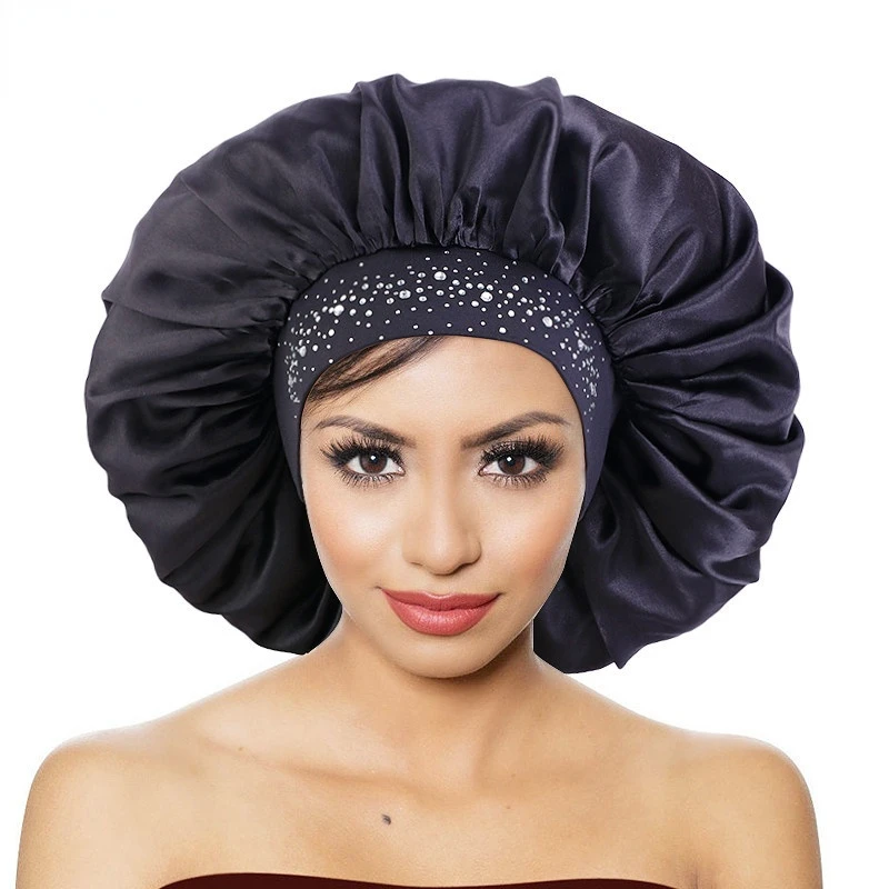 

Jumbo Large Wide Brimmed Elastic Hair Bonnet For Curly Thick Hair Women Sleeping Cap Hair Care Bonnet Ladies Rhinestone Headwrap