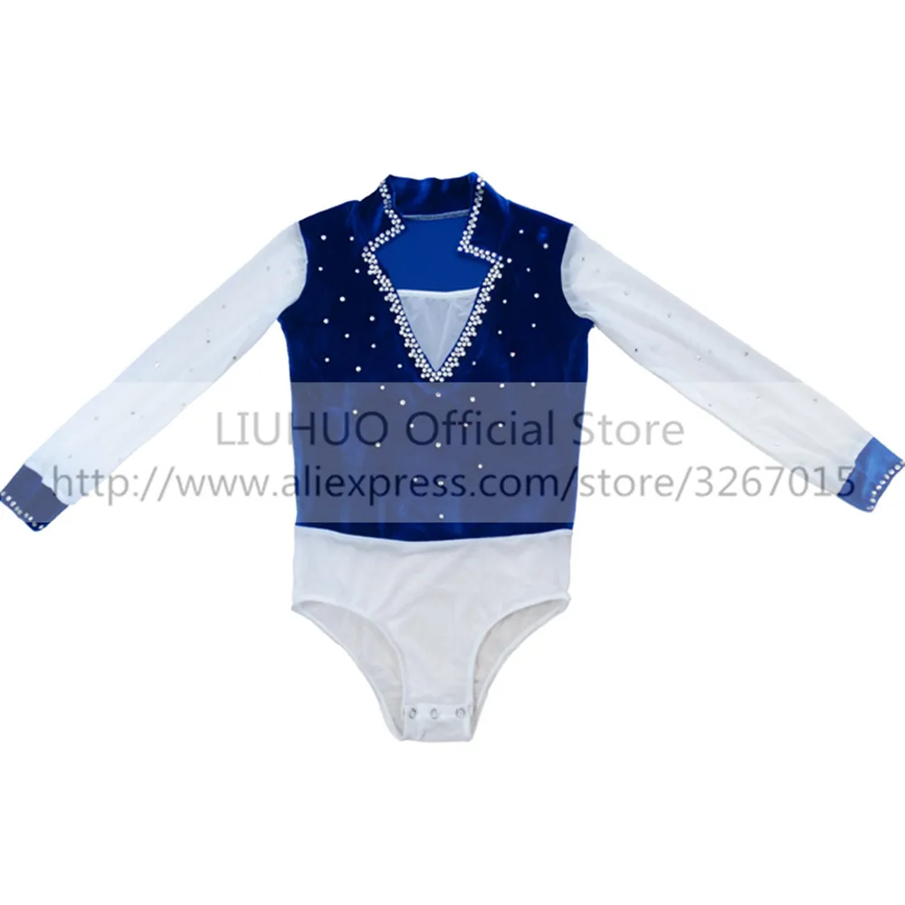 LIUHUO-Top de patinaje artístico para hombre y niño, traje de actuación de hielo, leotardo de baile de manga larga, azul y blanco