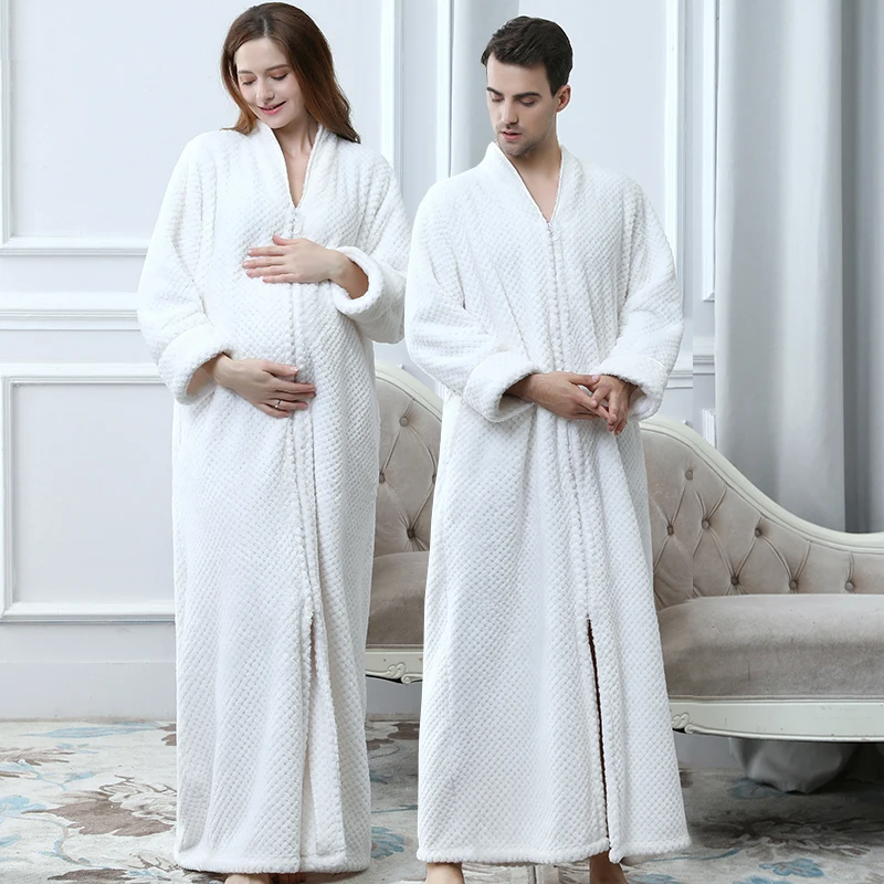 Women Ultra Long Plus Size Thick Warm Bathrobe Lovers Winter Thermal Flannel Bath Robe Men Robes Pregnant Zipper Dressing Gown