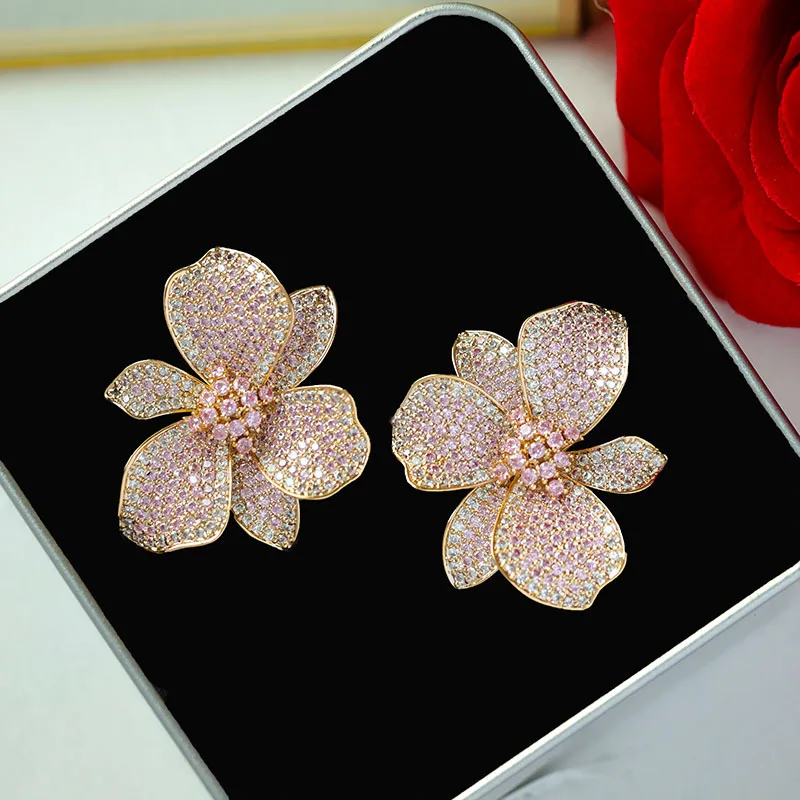 FXLRY New Design Fashion Golden Color Cubic Zirconia Big Flower Stud eEarring For Women Wedding Bride Jewelry