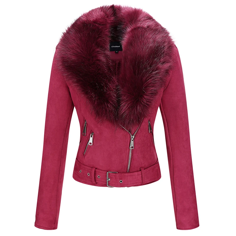 Giolshon Winter Women Faux Suede Jacket With Detachable Fur Collar Belt Lady Thick Warm Leather Jacket Casual Chic Moto Red Coat