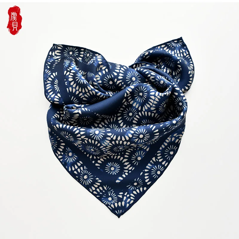 Chinese style navy blue natural silk scarf women printed flower 100% real silk twill 50cm small square wrap luxury ladies gift