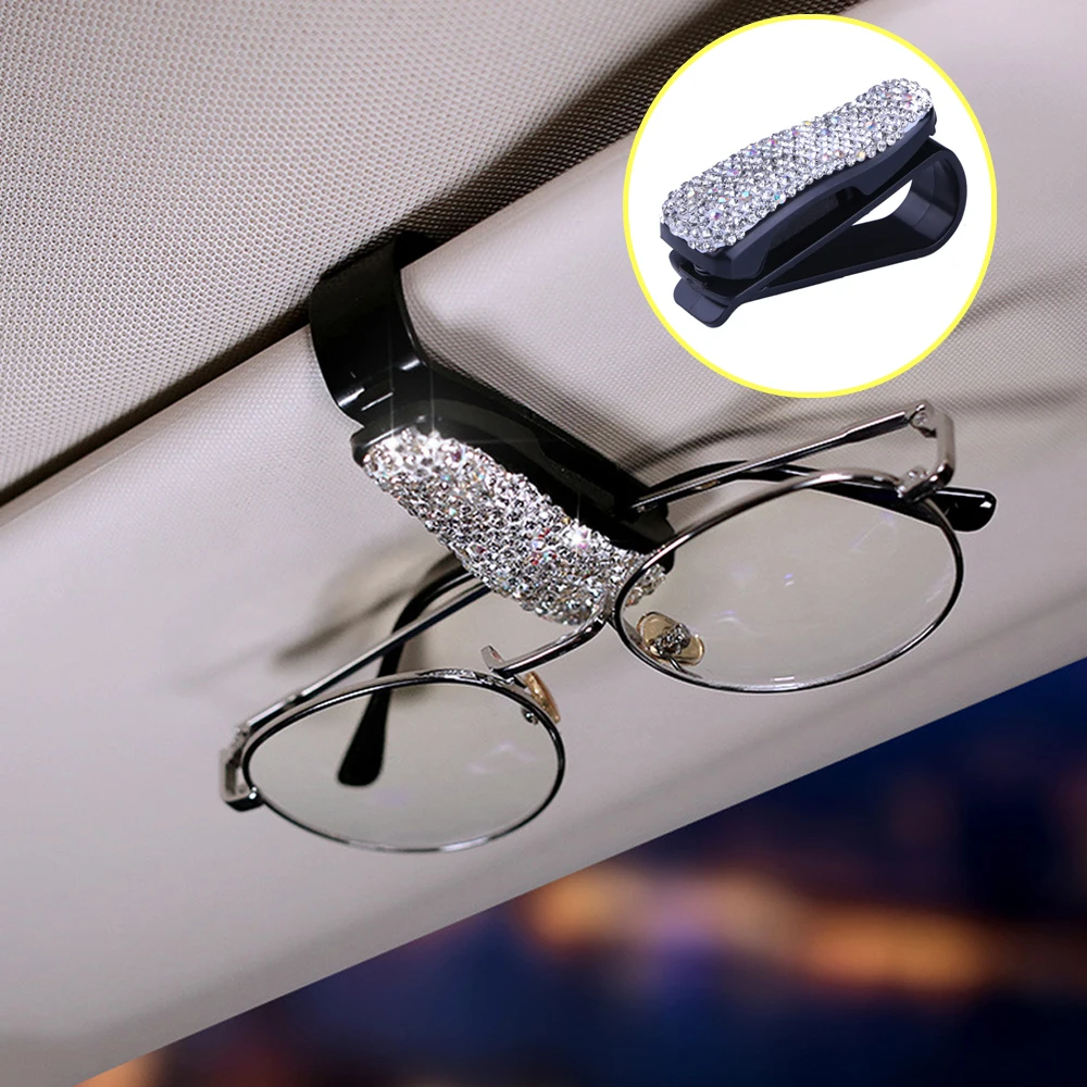 1pc Car Auto Vehicle Sun Visor Glasses Clip Women Man Handicraft Rhinestone Spectacle Frame Shiny Interior Accessories Universal